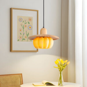 modern wood pendant light with yellow resin shade