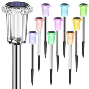 solar outdoor lights, 10 pack solar pathway lights outdoor waterproof, stainless steel solar stake lights for garden yard path