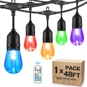 48ft outdoor rgb string lights with remote control, cafe led string with 15+2 bulb, dimmable, commercial light